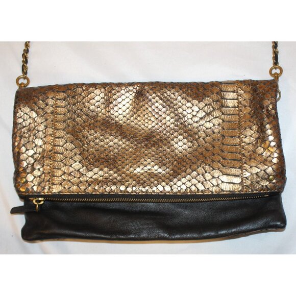 Club Monaco black leather gold faux snake embossed Envelope Clutch Shoulder Bag - Picture 2 of 7